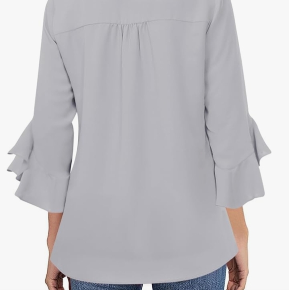 Chic Light Gray V-Neck Ruffle Blouse - Picture 2 of 7